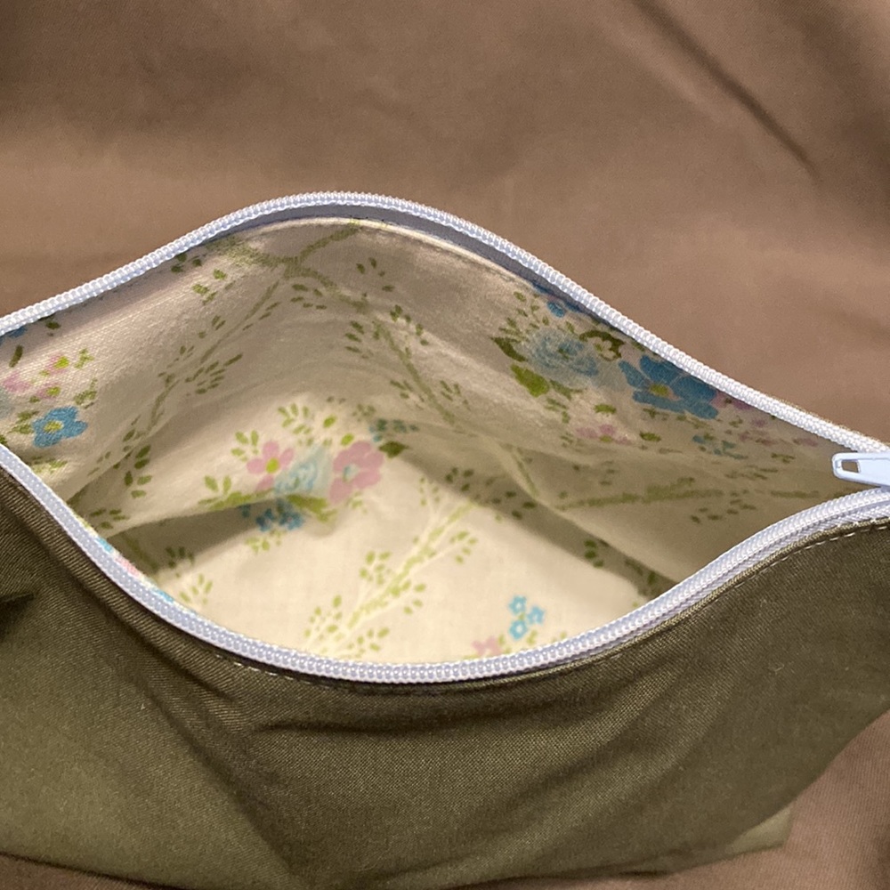 Hand made up-cycled medium zipper bag with strap